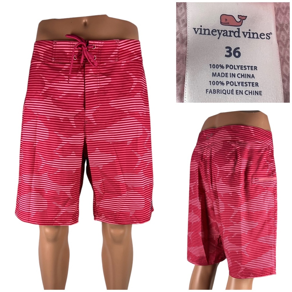 Vineyard Vines Mens 36 X 9” Boardshort Red Grand Slam Striped Sharks Print NWT